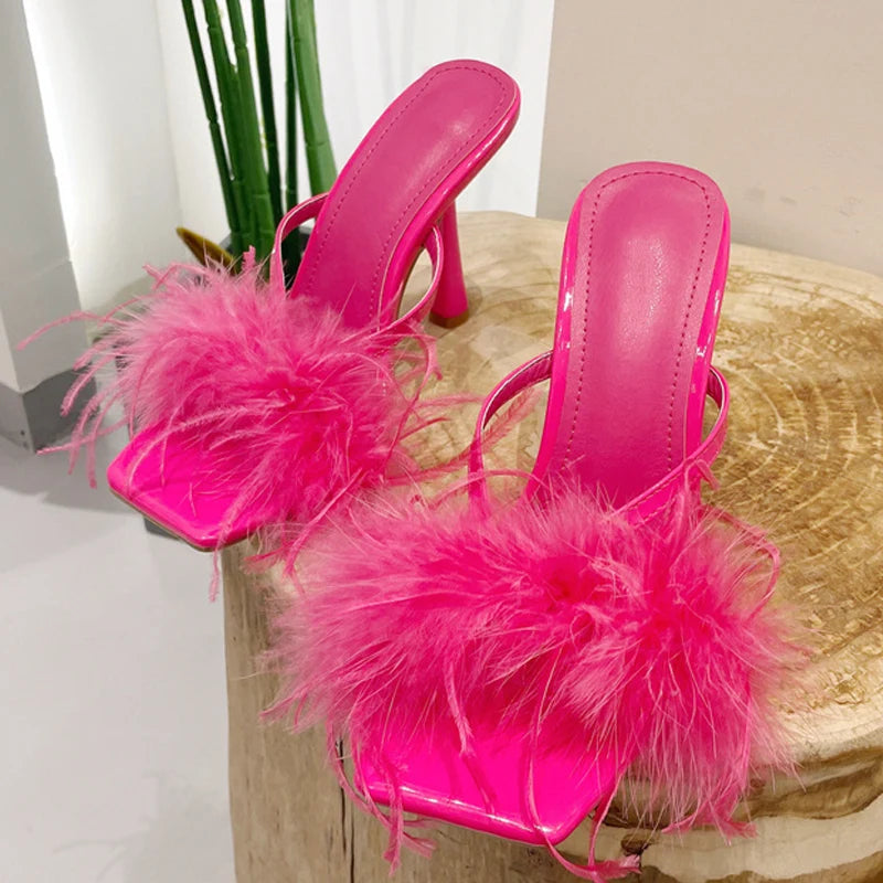 Summer Fashion Yellow Fluffy Furry Women Slippers Mules High Heels Slides Gladiator Sandals Party Banquet Shoes - EUFASHIONBAGS