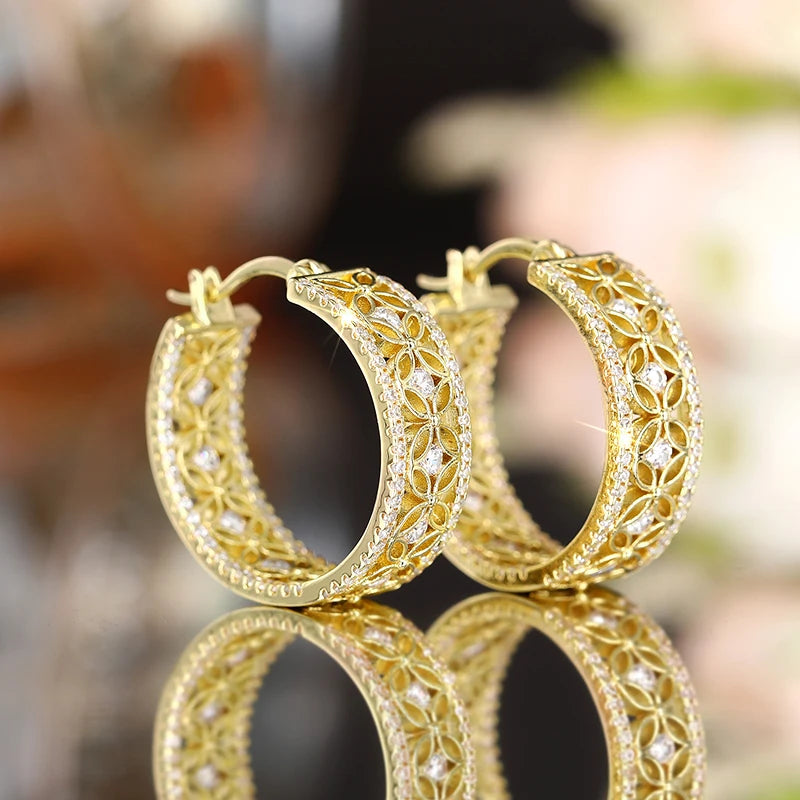 Aesthetic  Delicate Hoop Earrings Hollow-out Design Gold Color Shiny Zirconia Jewelry Graceful Engagement Accessories