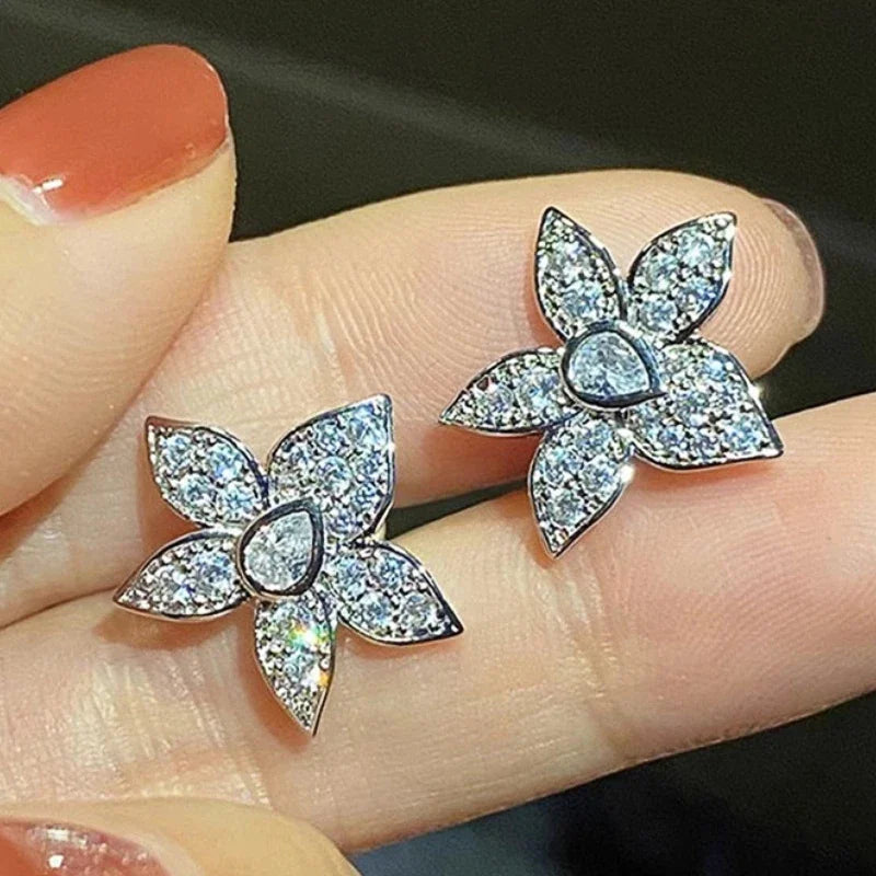 Flower Design Stud Earrings Elegant Temperament Shiny Cubic Zirconia Accessories for Lady Melting Party Jewelry - EUFASHIONBAGS