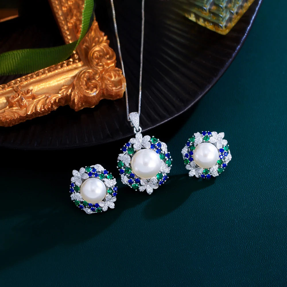 Flower Leaf Design Blue Green Cubic Zirconia Pendant Necklace and Earrings Engagaement Party Jewelry Set - EUFASHIONBAGS