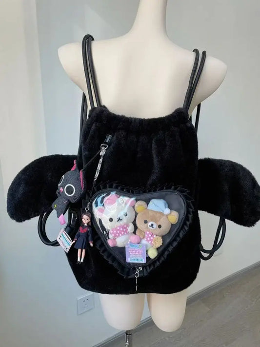 Plush Angel Wing Black Ita Bag Backpack Women Aesthetic String  Y2k Backpacks Ladies Sweet Cute Heart Mochila