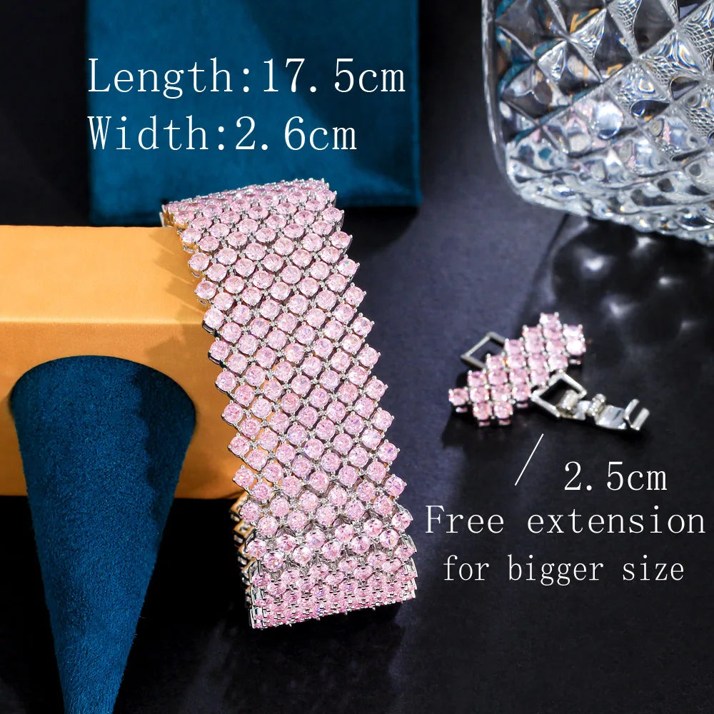 Stunning Multiple Pink Cubic Zirconia Large Wedding Party Bracelet Bangle for Women CZ Jewelry Gift - EUFASHIONBAGS