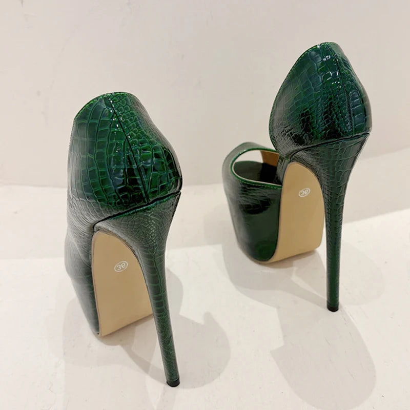 2025 New Green Snake Print Leather Platform Pumps Women Sexy Slingback Peep Toe Extreme High Heels Strip Pole Dance Shoes - EUFASHIONBAGS