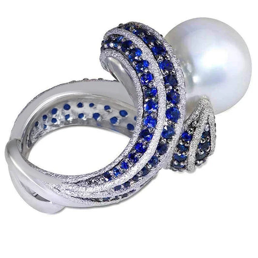 Hyperbole Personality Women Rings Irregular Shaped Full with Blue CZ Imitation Pearl Wedding Rings Hot Trendy Jewelry - EUFASHIONBAGS