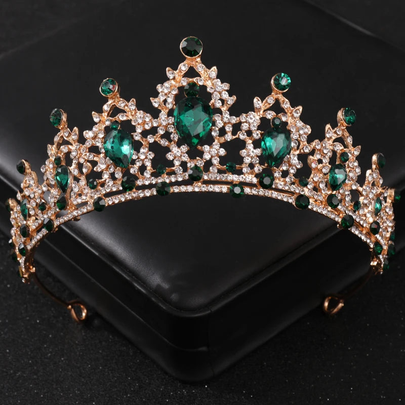 Luxury Green Color Crystal Wedding Crown Bridal Hair Accessories Women Baroque Crown Rhinestones Tiaras Bride Queen Party Crowns - EUFASHIONBAGS