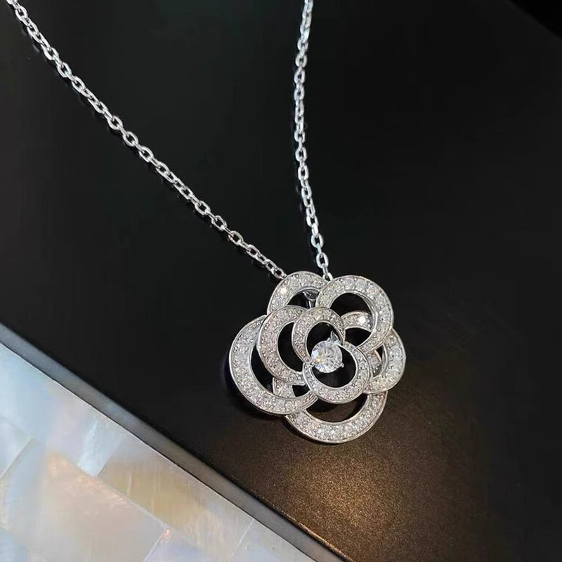 Novel Flower Pendant Necklace Female Engagement Accessories Chic Delicate Hollow Out Style Zirconia Jewelry