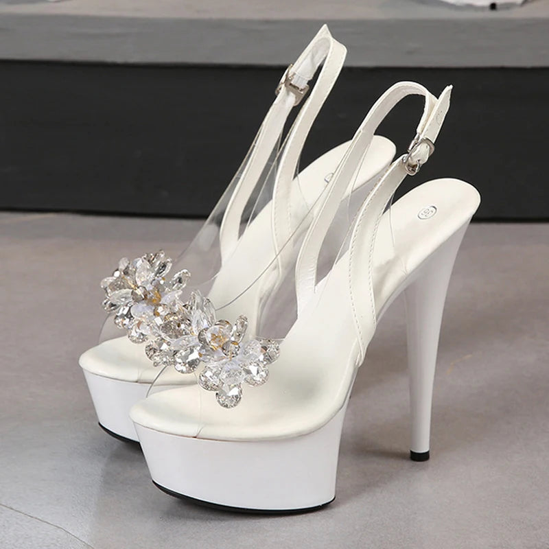 PVC Transparent Women Back Buckle Strap Platform Sandals Fashion Crystal Peep Toe 13CM Super High Heels Party Dress Shoes