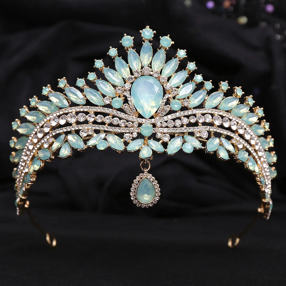 New Luxury Gold Color Green Opal Crystal Flower Water Drop Tiaras Crown Women Wedding Party Diadem Bridal Crown Hair Accessories - EUFASHIONBAGS