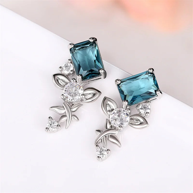 Temperament Blue CZ Flower Earrings for Women Aesthetic Female Accessories Wedding Engagement Party New Fashion Jewelry