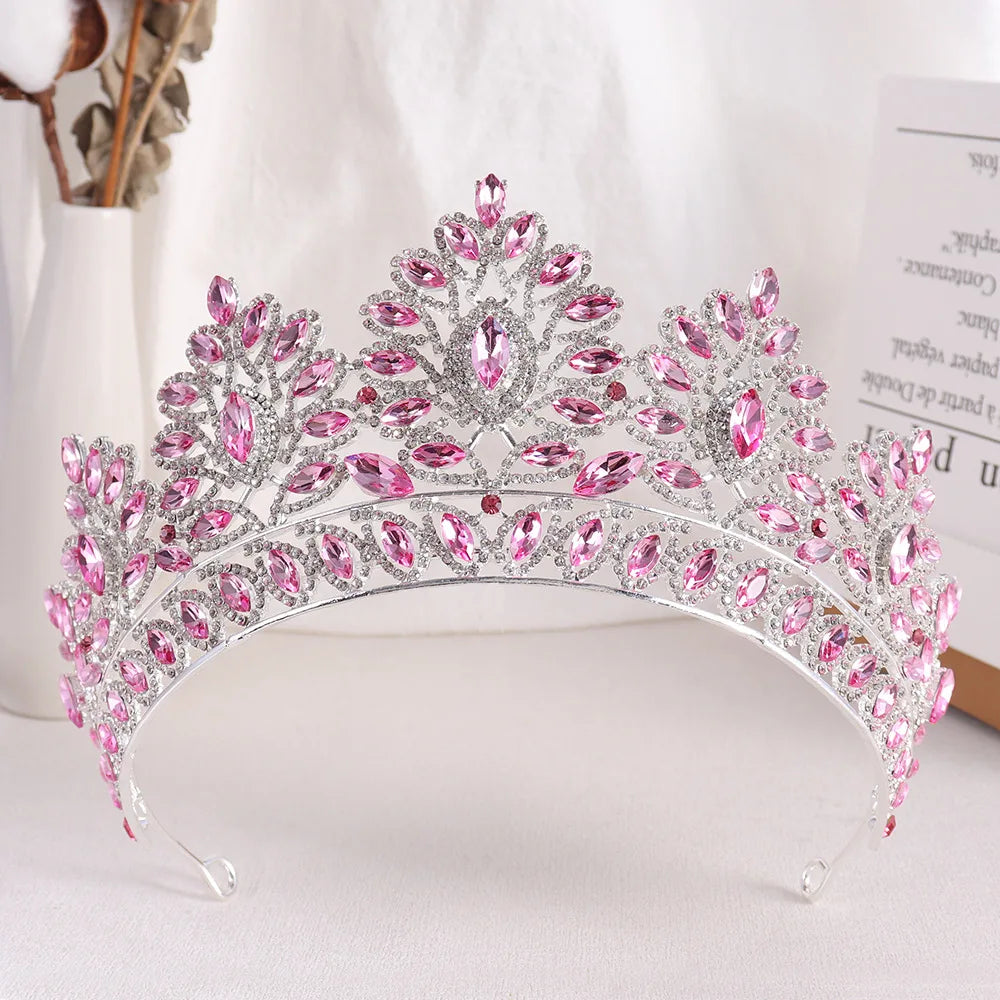 Baroque Pink Opal Wedding Big Crown Princess Headdress Crystal Bridal Tiaras Rhinestone Diadem Wedding Hair Jewelry Accessories - EUFASHIONBAGS