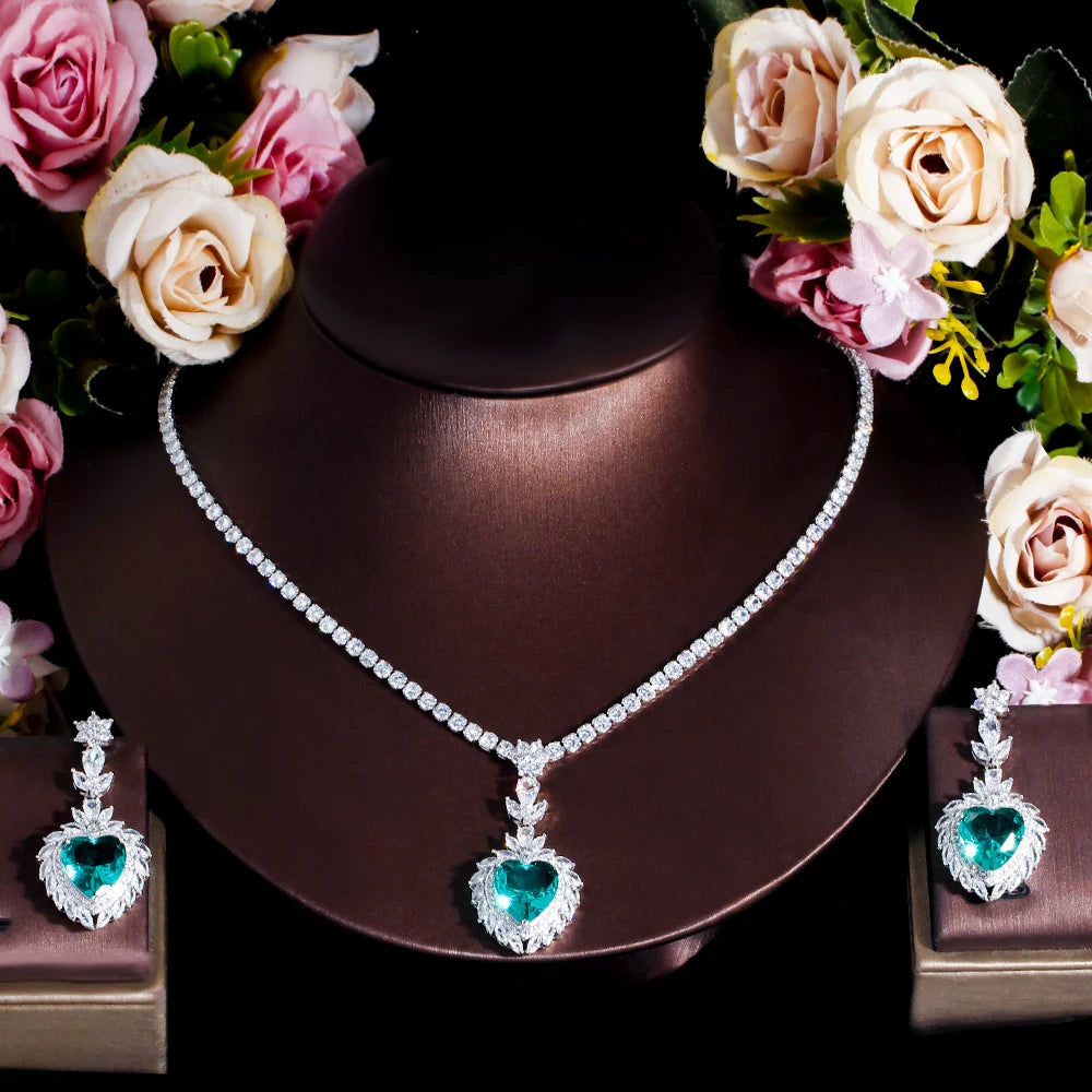 Light Ocean Blue Heart Shape CZ Crystal Necklace Earrings Jewelry Sets for Women Wedding Bridal Gift