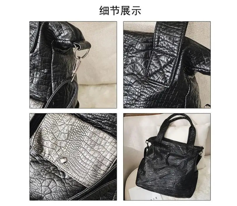 Big Soft Leather Women Bag Large Shoulder Shopper Tote Black Crocodile Crossbody Handbag Casual Female Travel Hobo Bag