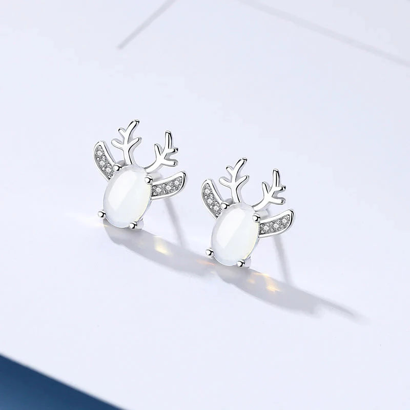 Christmas Elk Stud Earrings for Women Graceful Female Silver Color Brilliant Cubic Zirconia Jewelry Animal Accessories