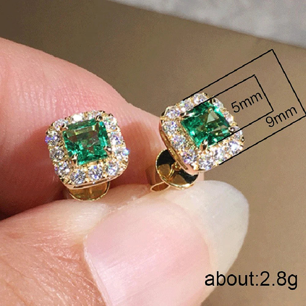 Simple Square Green Cubic Zirconia Stud Earrings Temperament Gold Color Wedding Accessories for Women Anniversary Gift