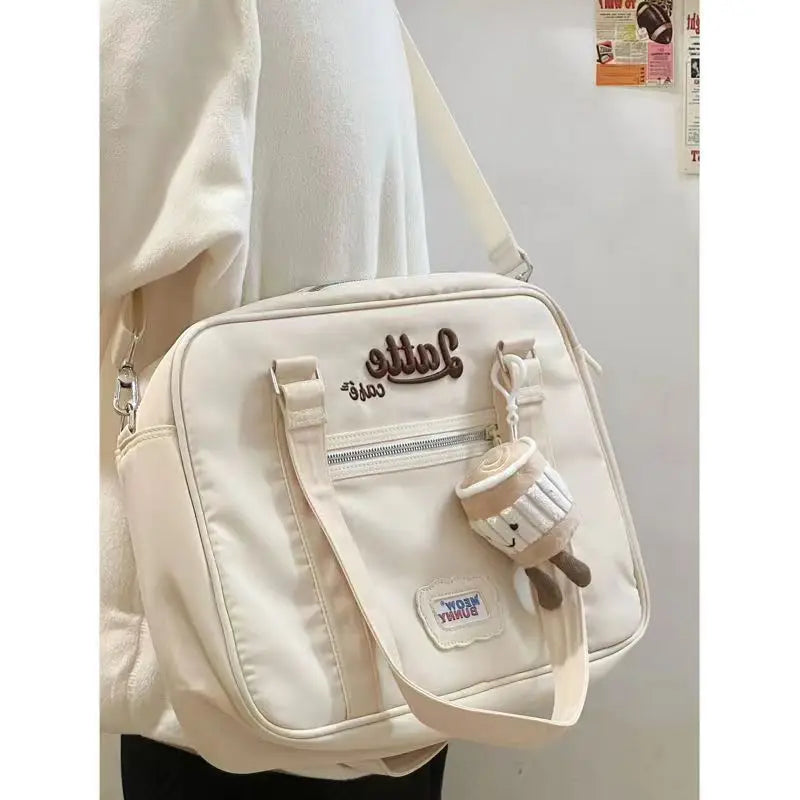 Vintage Casual Canvas Shoulder Bag Women Harajuku Aesthetic Zipper White Handbag Tote Bag Retro Crossbody Bags