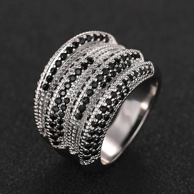 Stylish Lady Wide Ring with Black Crystal Stone Trendy Party Silver Color Finger Accessories for Women Statement Jewelry - EUFASHIONBAGS