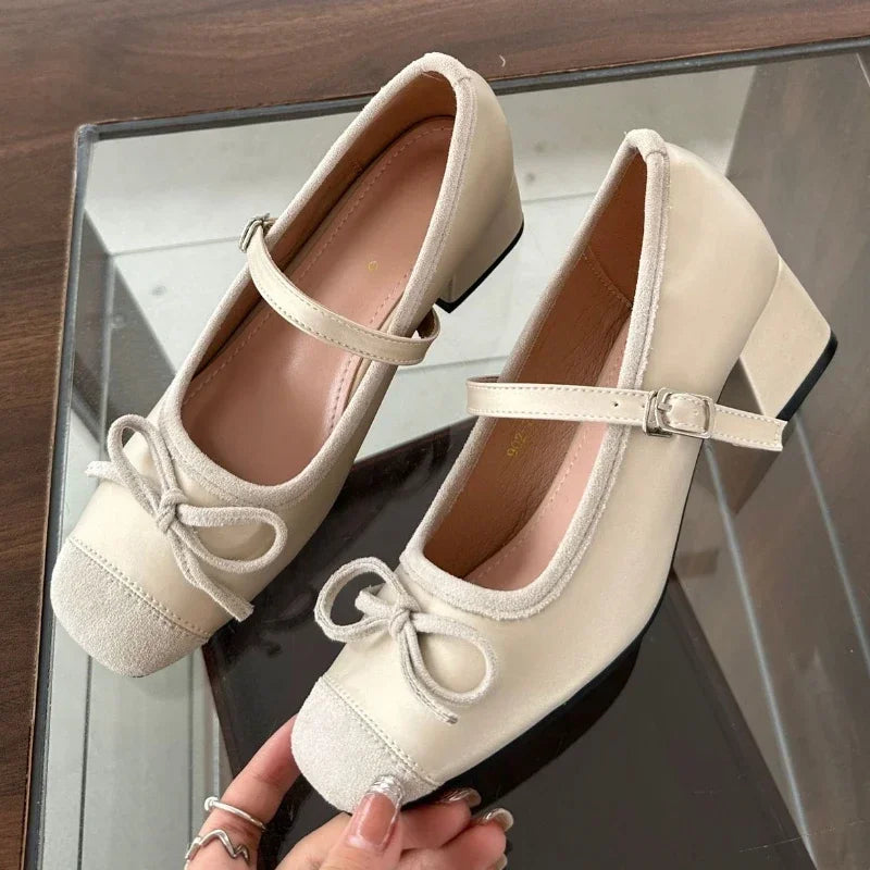 Fashion Chunky Mary Jane Shoes Women 2025 New Butterfly-knot Elegant Ballet Shoes Retro High Heels Dress Shoes Zapatos De Mujer