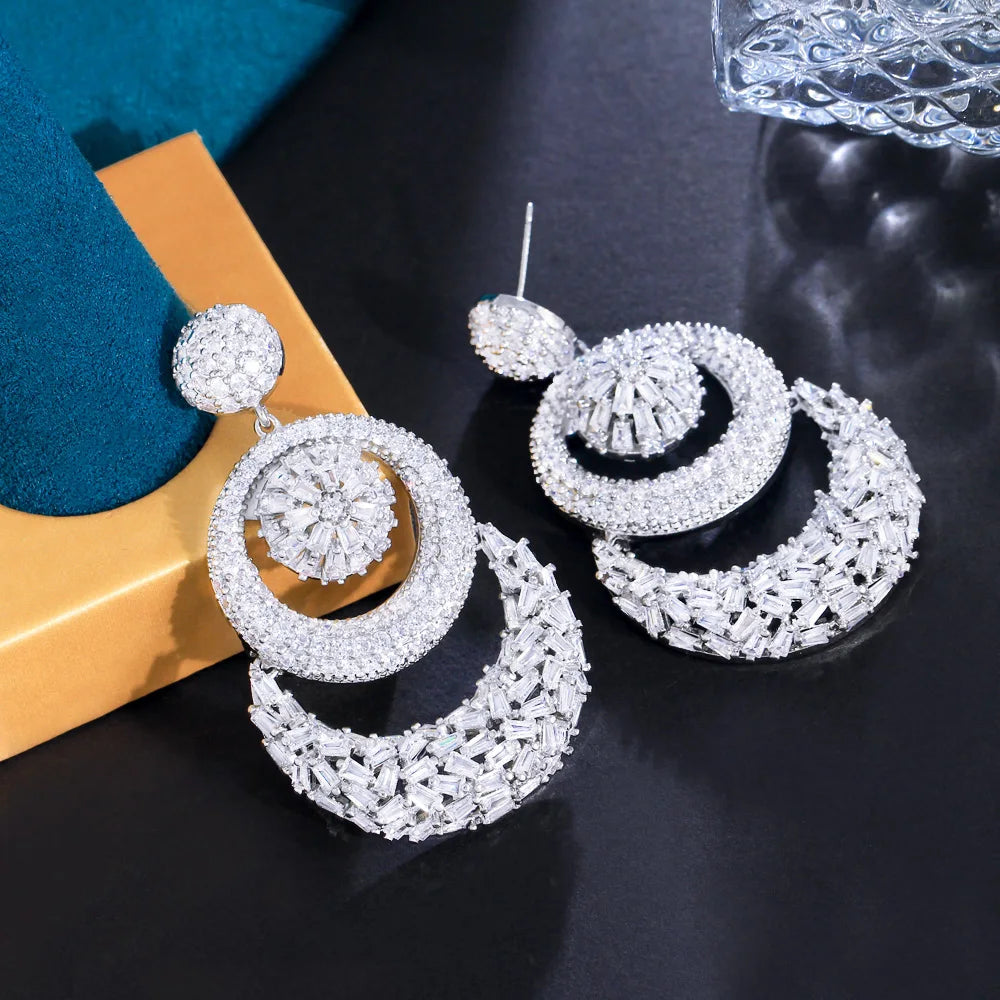 Super Sparkling White Chunky Cubic Zirconia Luxury Statement Big Multiple Round Dangle Women Wedding Earrings - EUFASHIONBAGS