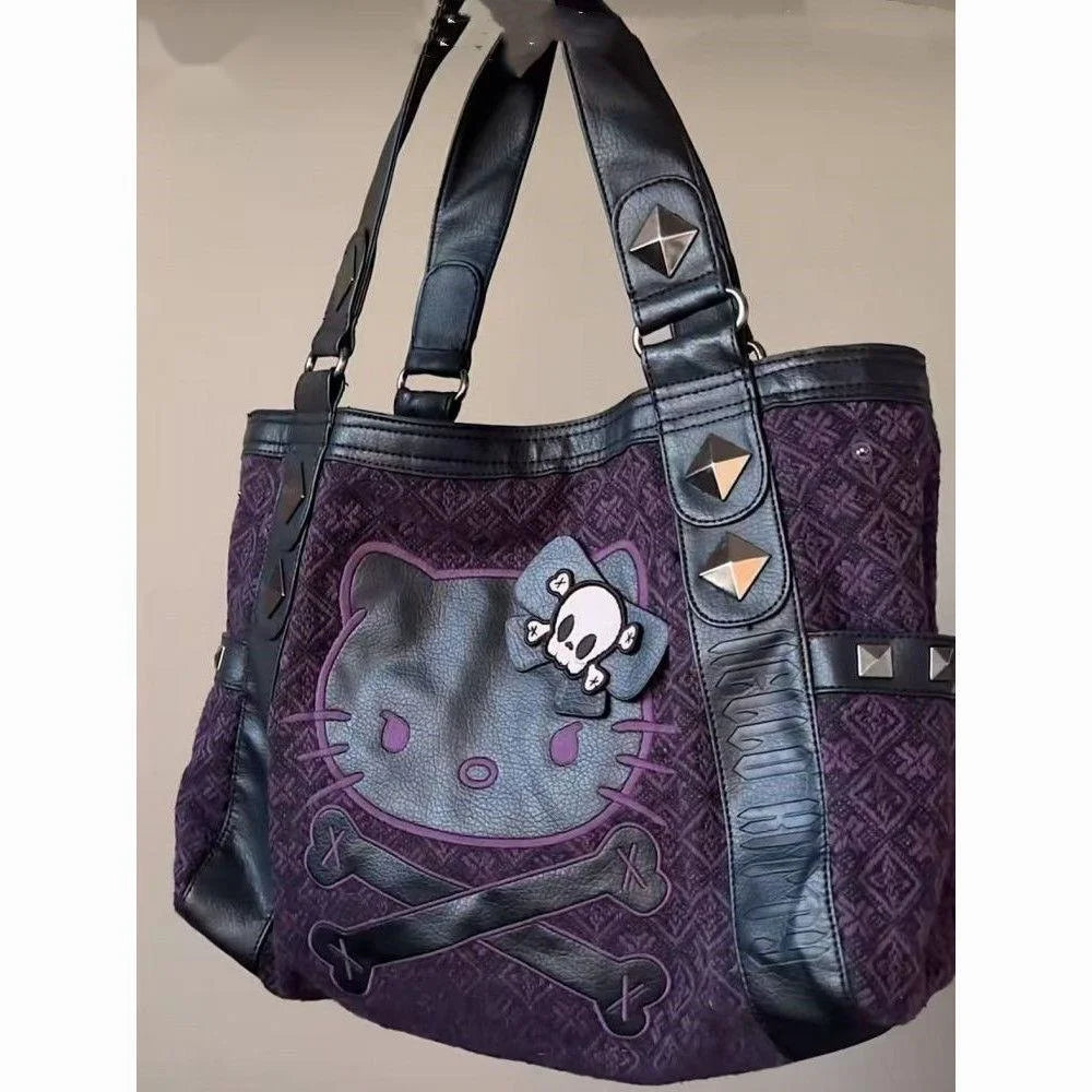 Sanrio Hello Kitty Vintage Patchwork Purple Bag Subculture Y2K Sweet Spicy Girl Handbag Gothic Trend Versatile Tote Bag