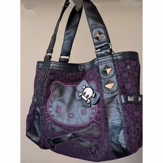 Sanrio Hello Kitty Vintage Patchwork Purple Bag Subculture Y2K Sweet Spicy Girl Handbag Gothic Trend Versatile Tote Bag