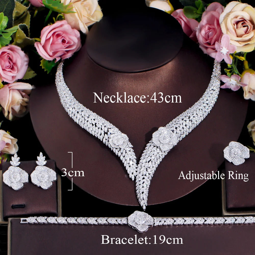 4 Pcs Full Dubai Cubic Zirconia Pave Flower Bridal Big Necklace Luxury Wedding Costume Jewelry Sets for Women - EUFASHIONBAGS