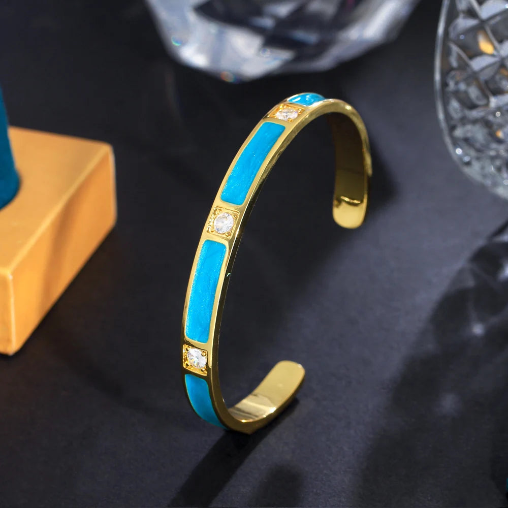 Shiny Cubic Zirconia Setting Gold Color Light Blue Enamel Round Opening Cuff Bangles for Women Chic Jewelry - EUFASHIONBAGS