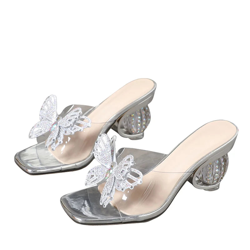 Summer Fretwork Heels Modern Slippers Women Rhinestone Butterfly Square Toe Summer Party Shoes Transparent Sandals - EUFASHIONBAGS