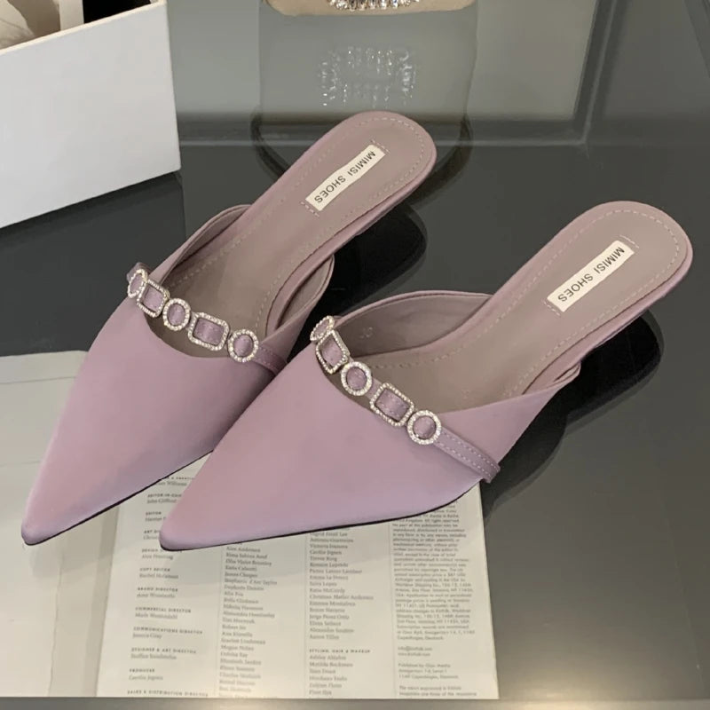 Summer 2025 Luxury Fashion Rhinestones Ladies Heeled Slippers Sandals Shoes Female Low Heel Slides Fashion Footwear Women Mules