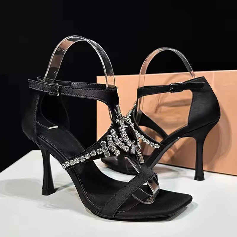 Summer 9CM Gladiator Sandals Women Black Gemstone Crystal Strap Open Toe Thin High Heels Party Prom Shoes Zapatos Mujer