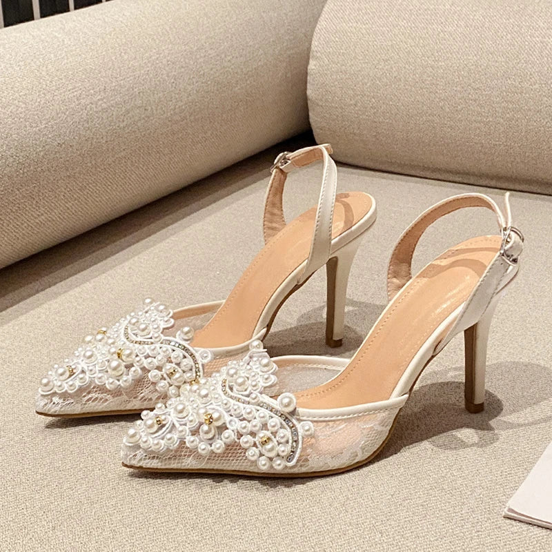 Summer Fashion White Pearl Designer Sandals Women Pumps Hollow Out Mesh Pointed Toe Mules High Heels Wedding Prom Shoes - EUFASHIONBAGS