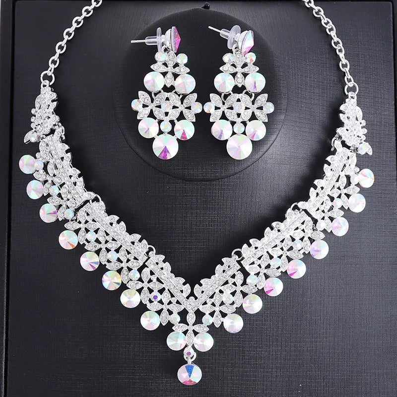 New Fashion Elegant Pink Crystal Necklace Set for Women Dangle Earrings Princess Collar Two Pieces Set Wedding Dubai Jewelry Set - EUFASHIONBAGS