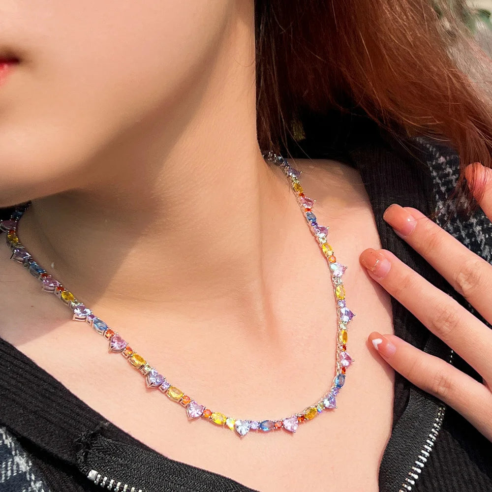 Real 5A Bling Cubic Zirconia Love Heart Shape Multi Color Women Engagement Chain Necklace Chic CZ Boho Jewelry - EUFASHIONBAGS