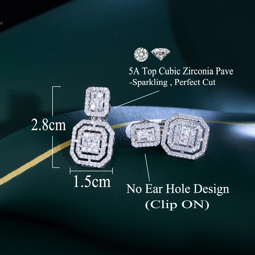 No Ear Hole Design Square Drop Dangle CZ Women Party Wedding Engagement Clip on Earrings Without Piercing - EUFASHIONBAGS