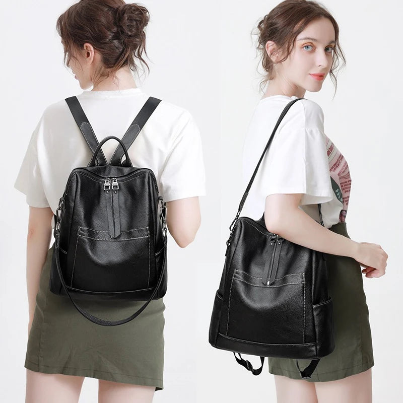 Genuine Leather Women's Backpack Large  Fashion Casual Shoulder Bag Soft High Quality Cowhide Foldable Girls Backpacks