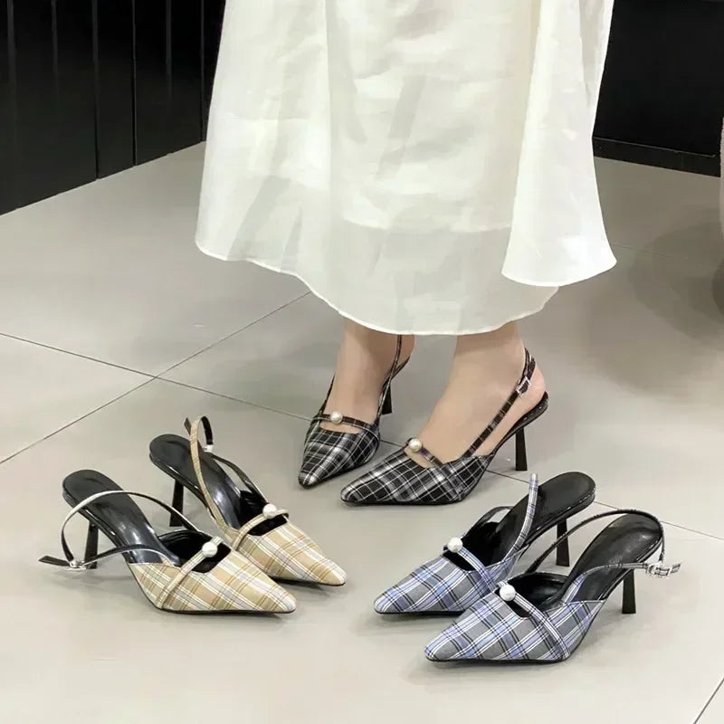 Pointed Toe Retro Plaid High Heels Women Slingbacks Shoes Women Pumps Sexy Office Fashion Dress Shoes Sandalias De Mujer