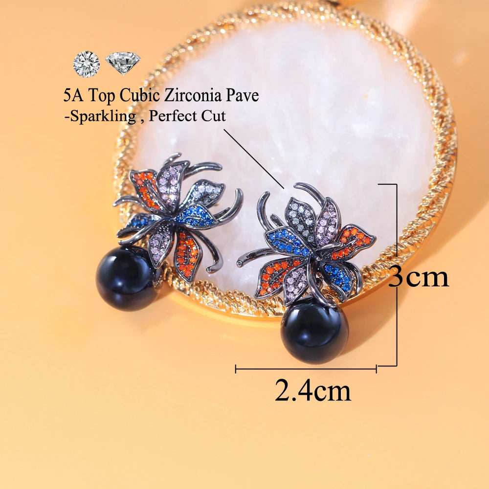 Pretty Multi Color Cubic Zirconia Geometric Leaf Flower Dangle Drop Gray Pearl Engagement Earrings for Women - EUFASHIONBAGS