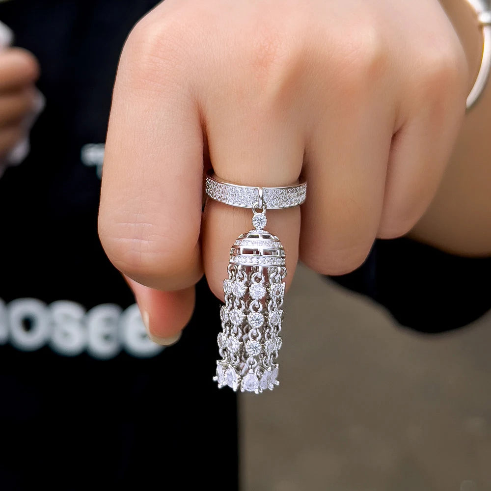 Luxury Chunky Cubic Zirconia Paved Long Dangle Drop Tassel Charm Party Wedding Rings for Women Unique Jewelry - EUFASHIONBAGS