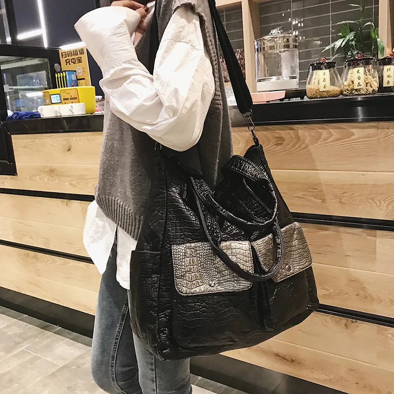 Big Soft Leather Women Bag Large Shoulder Shopper Tote Black Crocodile Crossbody Handbag Casual Female Travel Hobo Bag - EUFASHIONBAGS