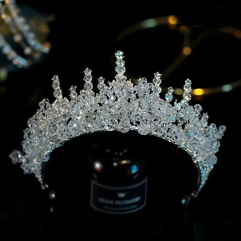 Baroque Handmade Rhinestone Beads Bridal Tiara Crown Silver Color Crystal Diadem Veil Tiaras Wedding Hair Accessories Headpieces - EUFASHIONBAGS