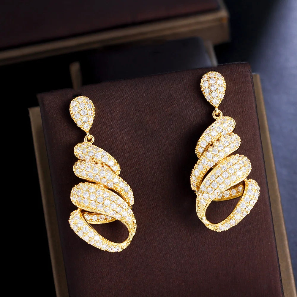 Geometric Endless Cubic Zircon Pave Long Dangly Women Party Wear Drop Earrings Chic Gold Color Wedding Jewelry