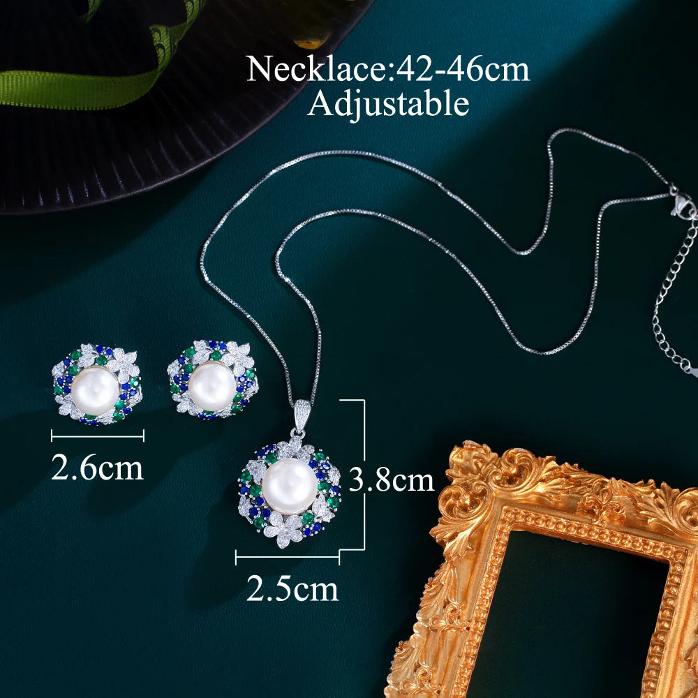 Flower Leaf Design Blue Green Cubic Zirconia Pendant Necklace and Earrings Engagaement Party Jewelry Set - EUFASHIONBAGS