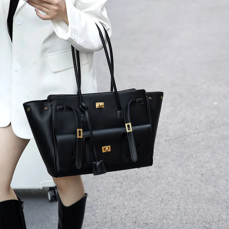 Lock Tote Wing Roomy Cluth Bag Black Treny Genuine Leather Shopping Bag  Handbag Large Capacity Commuter Shoulder Bag For Female