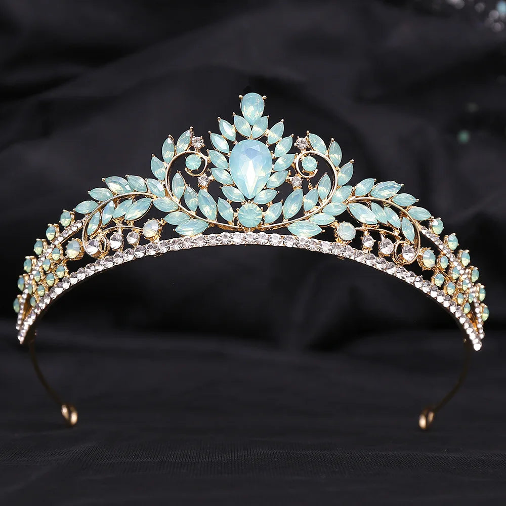 New Luxury Gold Color Green Opal Crystal Flower Water Drop Tiaras Crown Women Wedding Party Diadem Bridal Crown Hair Accessories - EUFASHIONBAGS