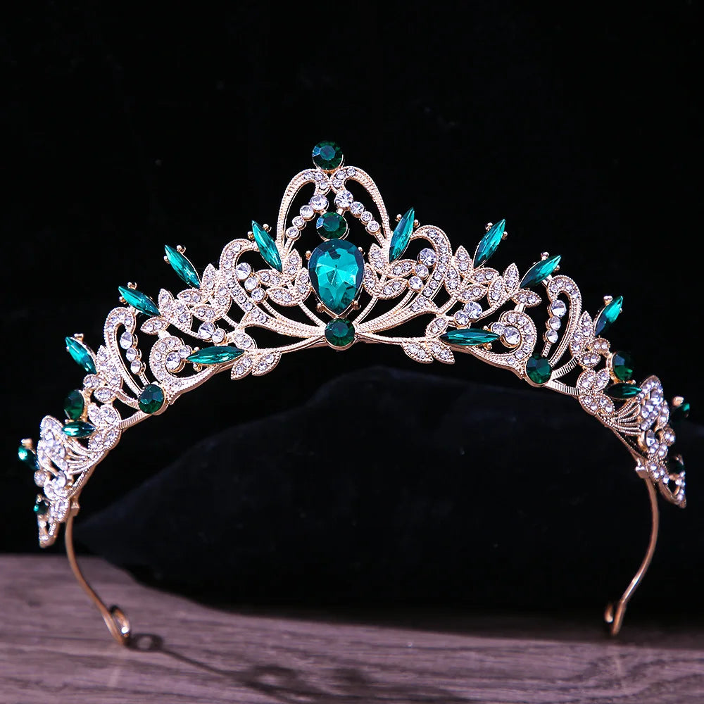 Luxury Green Color Crystal Wedding Crown Bridal Hair Accessories Women Baroque Crown Rhinestones Tiaras Bride Queen Party Crowns - EUFASHIONBAGS