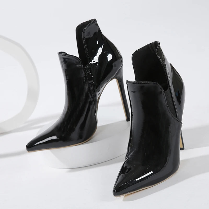 2025 Spring Black Patent Leather Women Pumps Shoes Sexy Pointed Toe Zip Ankle Boots Party Stripper Heels Modern Booties