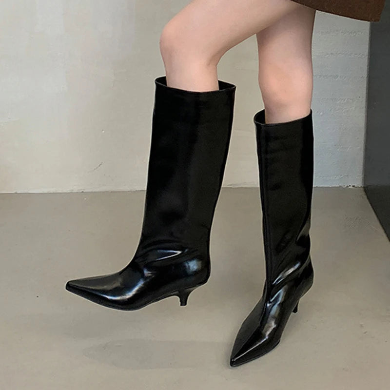 Autumn Winter Knee High Boots Women Pointed Toe Slip-On Low Thin Heels Shoes Cozy Leather Long Booties Size 35-40 - EUFASHIONBAGS