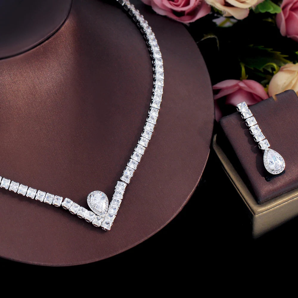 Water Drop Cubic Zirconia Pave V Shape Women Wedding Party Necklace Earrings Jewelry Sets for Brides