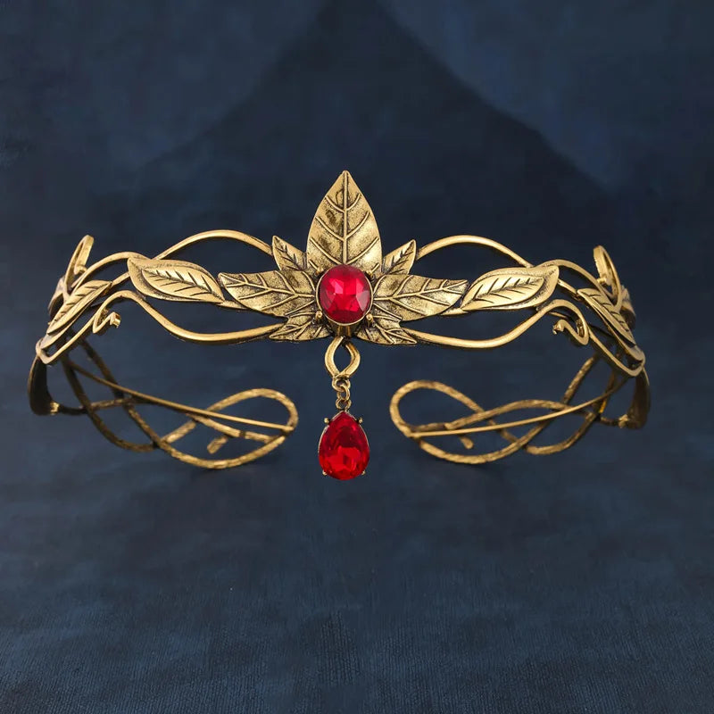 Vintage Punk Alloy Goddess Headband Baroque Red Crystal Leaf Tiaras Crown Princess Queen Diadems Wedding Bridal Hair Accessories - EUFASHIONBAGS