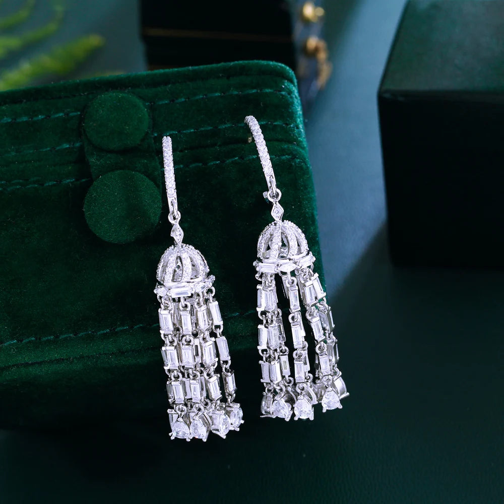 Heavy Work Cubic Zirconia Long Dangle Water Drop Tassel Chandelier Luxury Pageant Bridal Earrings for Women - EUFASHIONBAGS