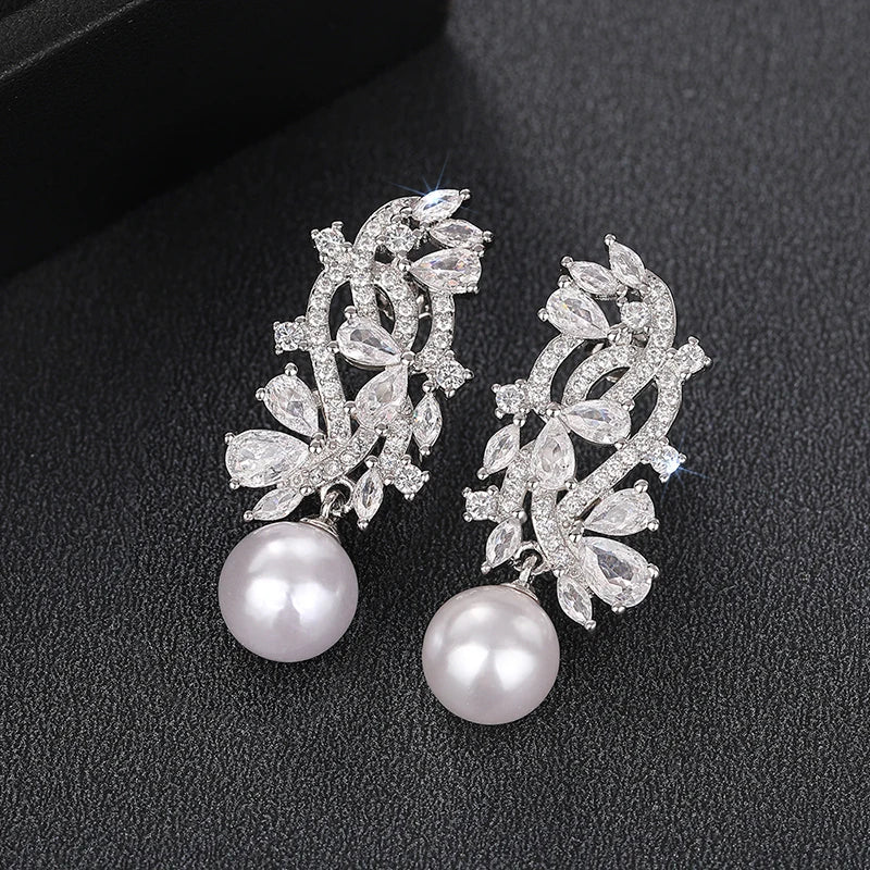 Lady Wedding Earrings with Simulated Pearl Graceful Accessories for Engagement Brilliant Zirconia Pendant Jewelry - EUFASHIONBAGS